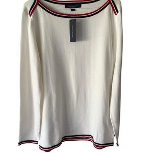 🆕 Tommy Hilfiger Women's Cream Sweater with Red and Black Accents L/S Sz L